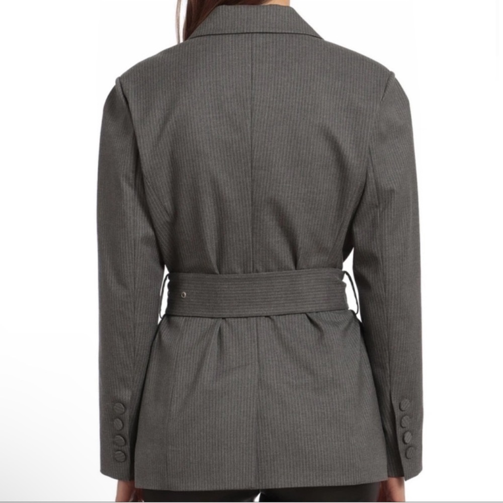 Avec Les Filles Women’s Grey Pinstriped Belted Blazer Jacket Suit Offixe Wear - Picture 2 of 13
